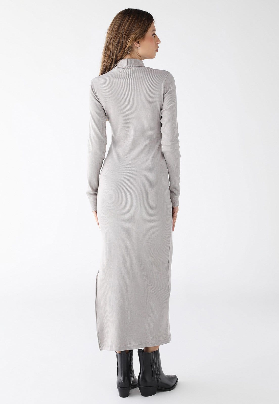 Vista 2 Vestido Longo Levosch Gola Alta Fenda Lateral Ribana Premium Claro 77VS LEVOSCH cinza