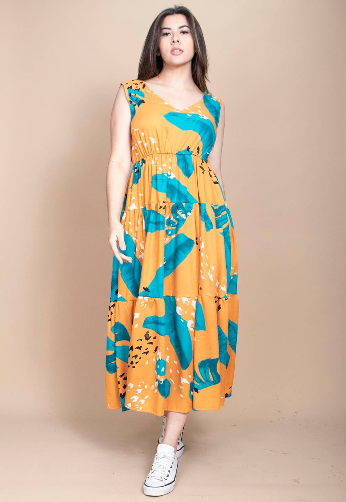 Vista 2 Vestido Cabanafree Regata Longo Peri Viscose Camadas Estampa Aurora Botânica Cabanafree azul/estampado/preto