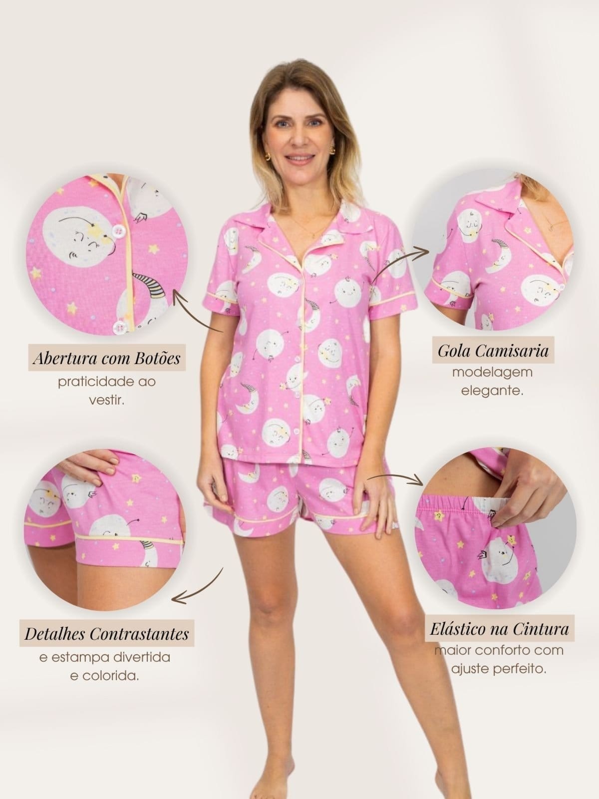 Vista 2 Pijama Piante Algodão Feminino Americano Curto Lua Piante rosa