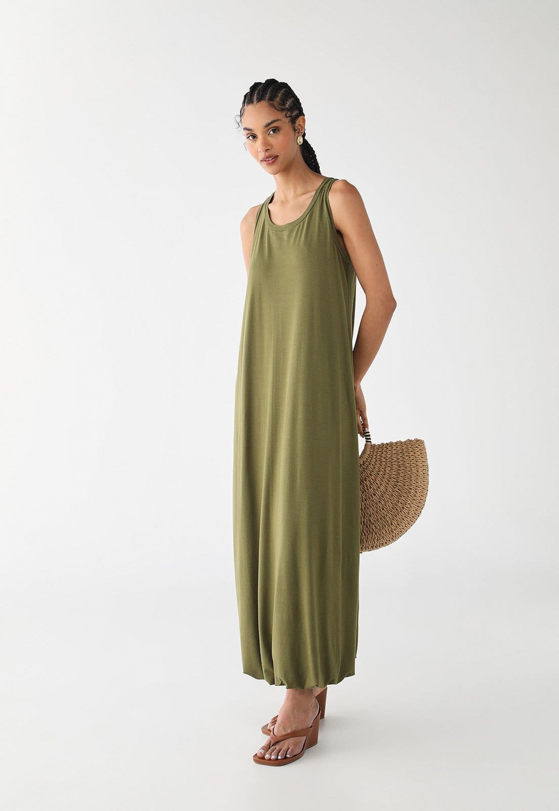 Vestido Midi Feminino CaCay Balonê Nadador Musgo