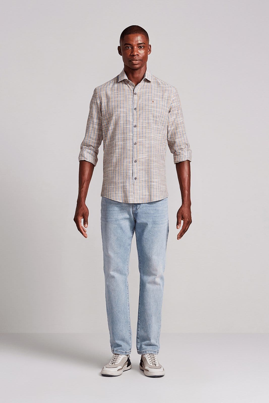 Vista 2 HIGHSTIL Camisa Slim Fit Listrada - Laranja/Azul HIGHSTIL laranja azul