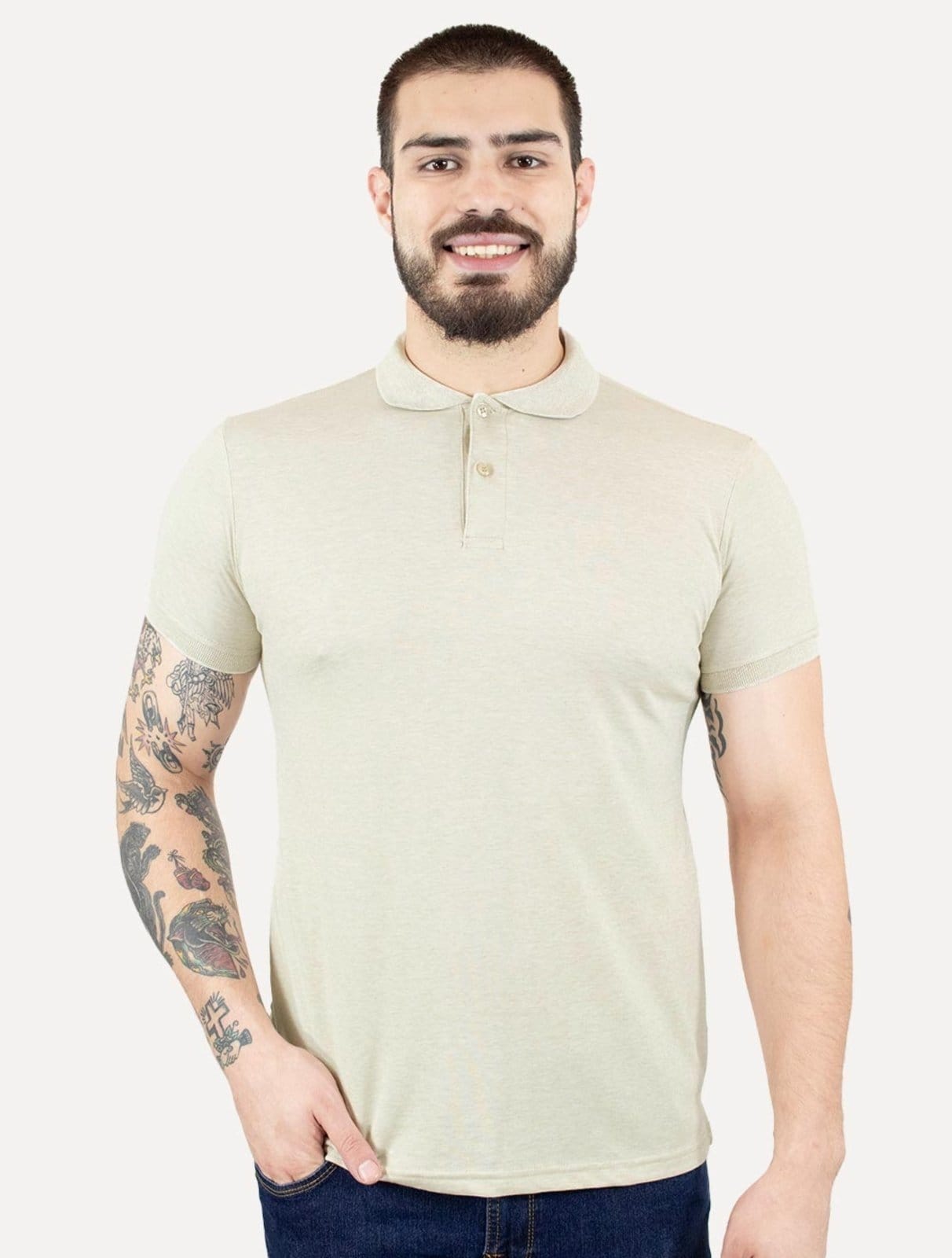 Vista principal Polo Masculina Piquet Gola Lisa Mescla Claro U.S. Polo Assn. cáqui