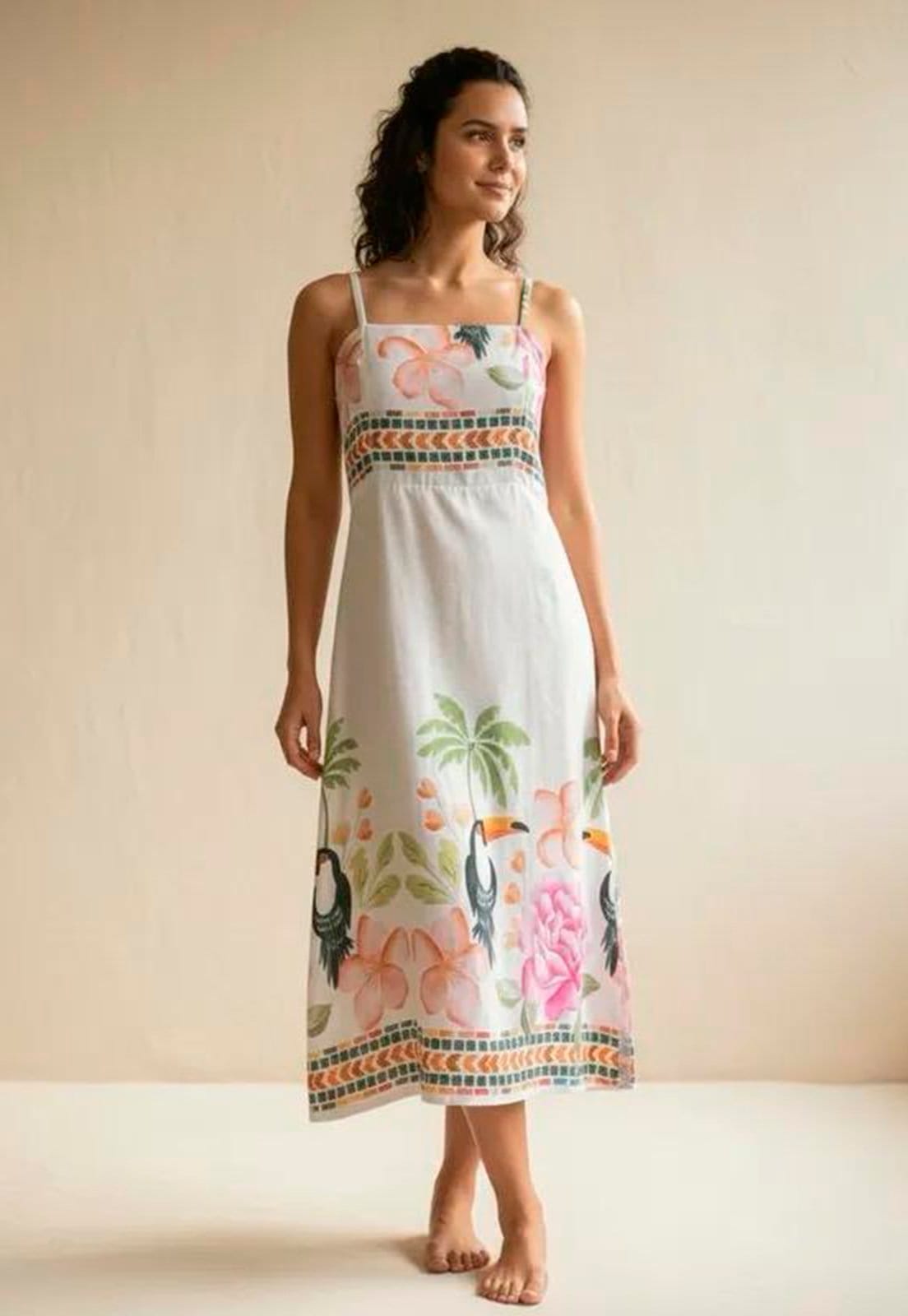 Vista principal Vestido Amazonia Vital Midi Alça Fina Estampa Jardim da Nuvens Amazonia Vital estampado