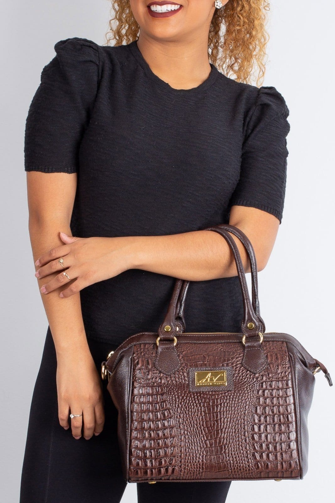 Vista 2 Bolsa Andrea Vinci estruturada de couro croco Leila - Café Andrea Vinci preto