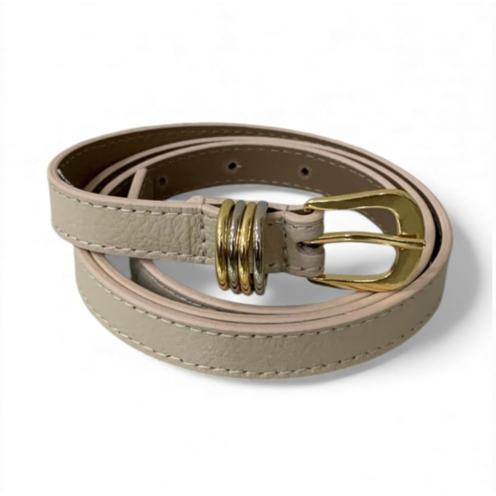 Vista 2 Cinto Fino Feminino em Couro Fivela Redonda 003 Off White Mariart off-white white