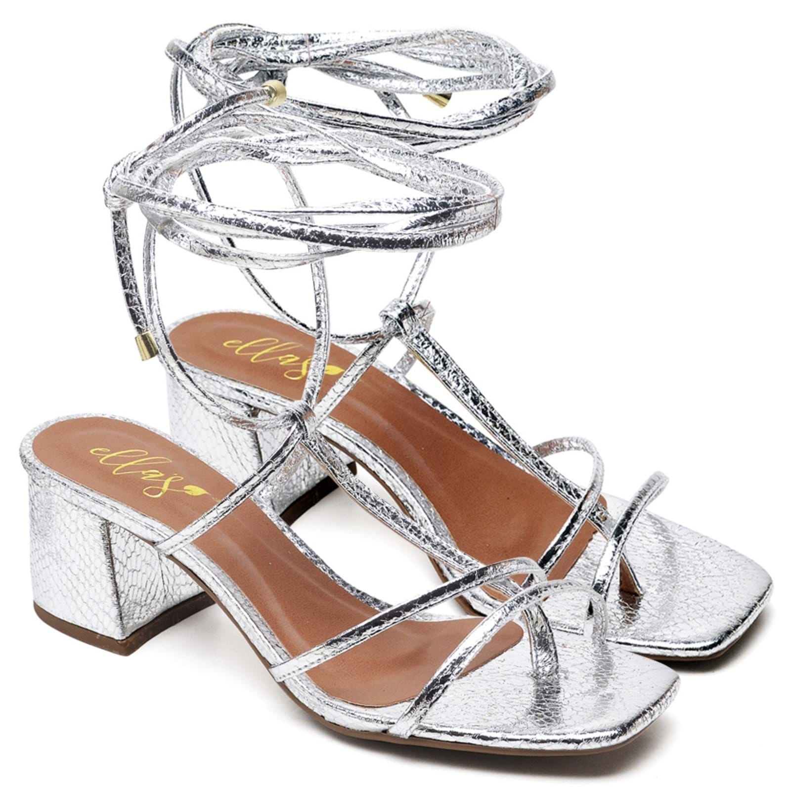 Sandália Bico Quadrado Salto Bloco Médio Cristal Ella's