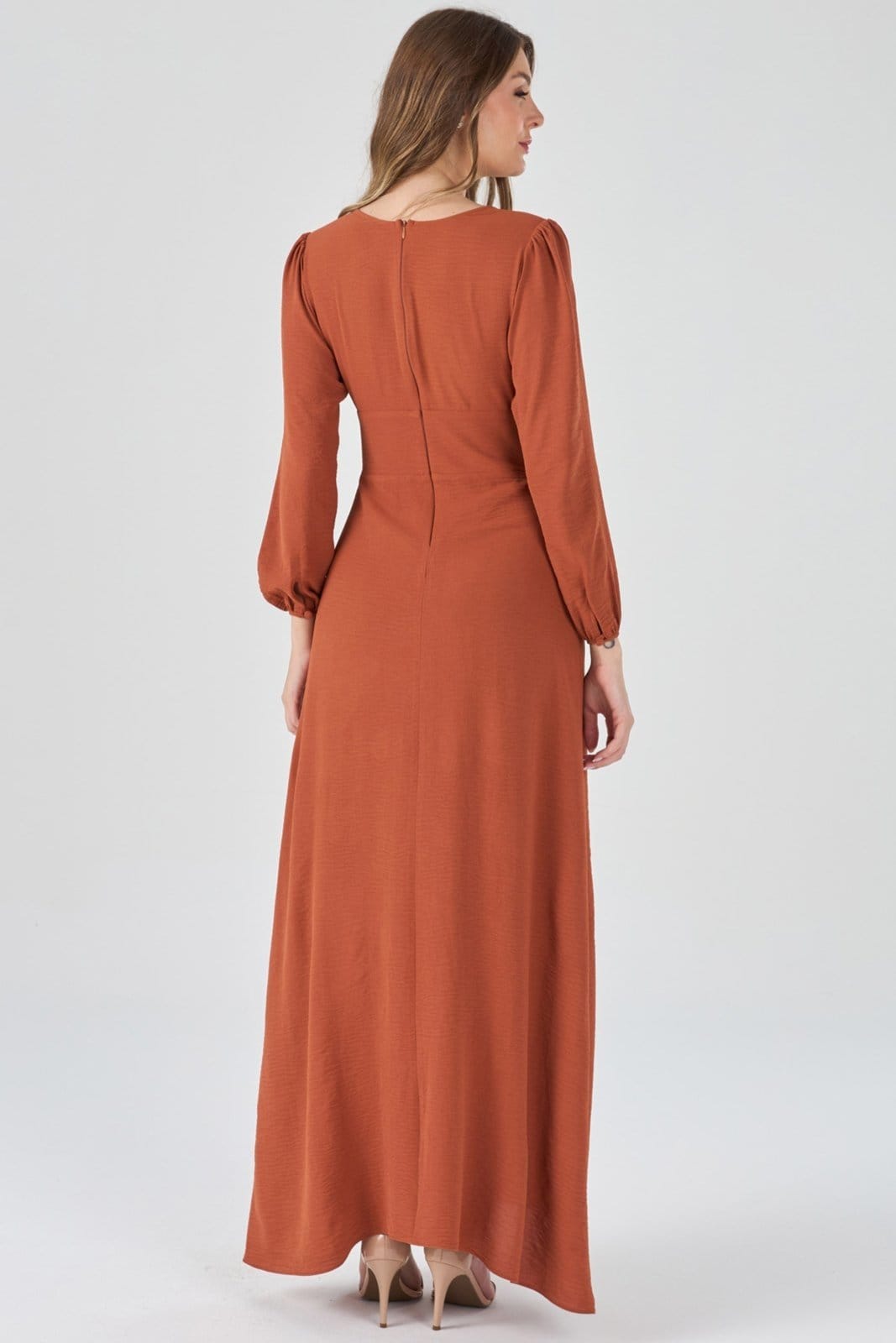 Vista principal Vestido Longo PKS Com Fenda Terracota PKS laranja