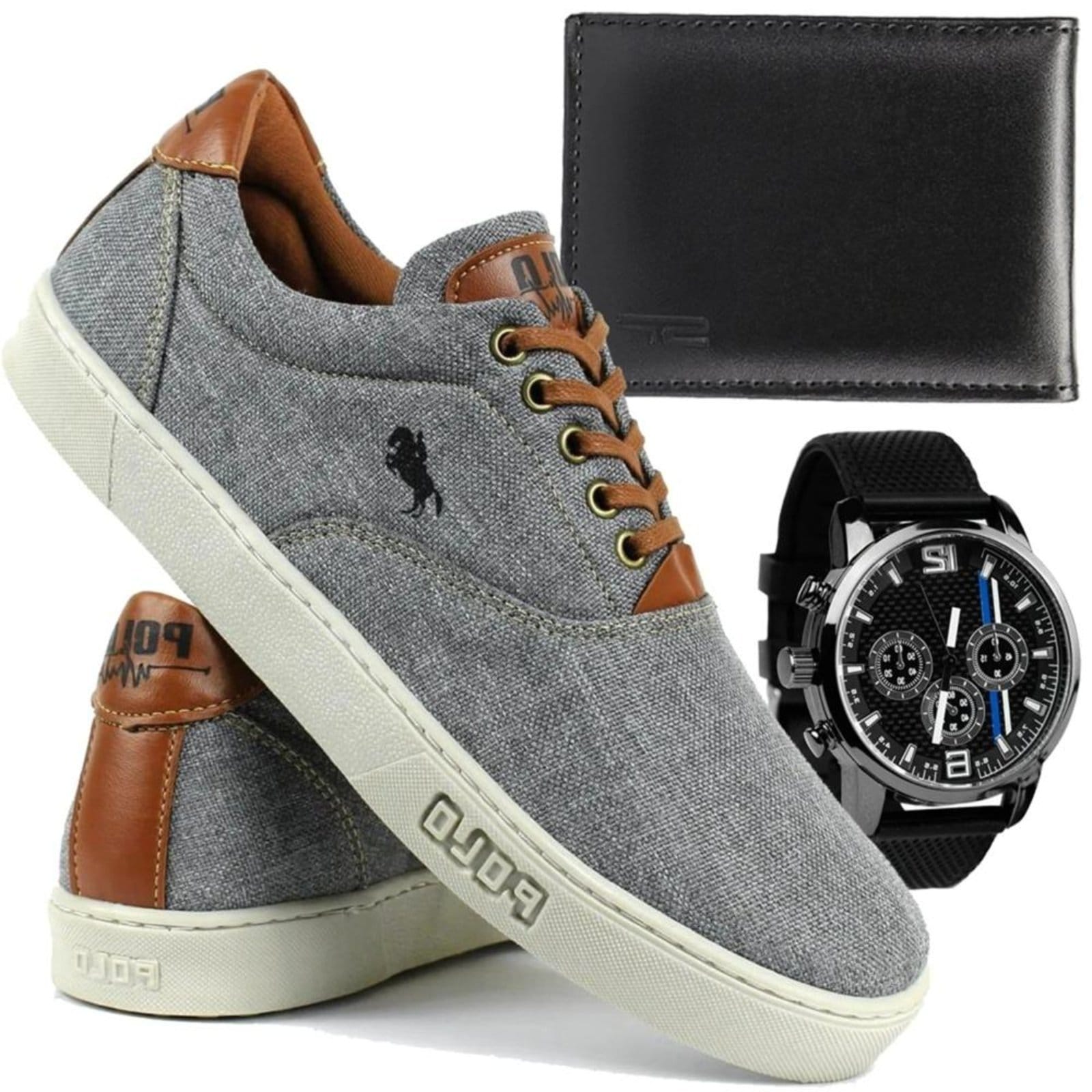 Vista principal Kit Tênis Masculino Sapatênis Polo White Casual + Relógio + Carteira Cinza Sapatofran cinza white