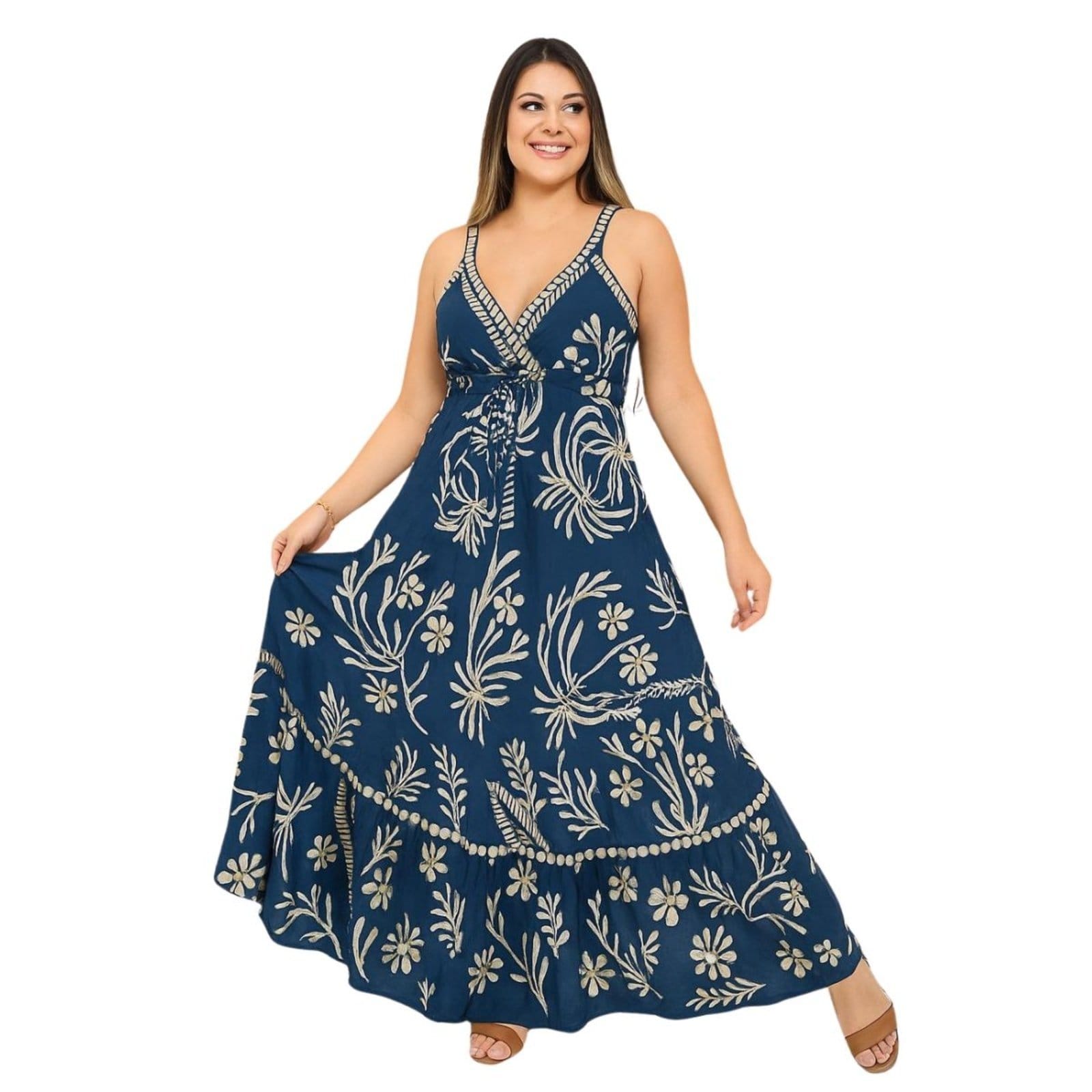 Vista principal Vestido Feminino Vih Triny Indiano Longo Estampado Luxo Vih Triny azul