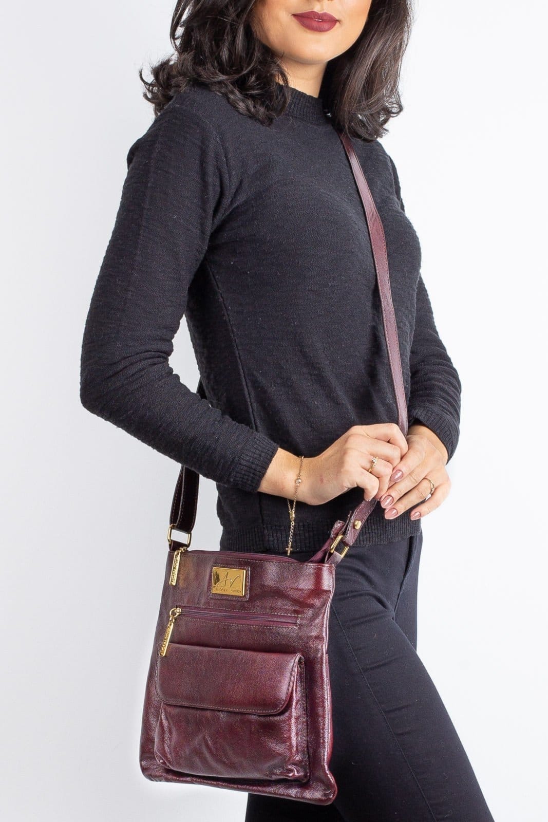 Bolsa transversal de couro liso Karen - Marsala