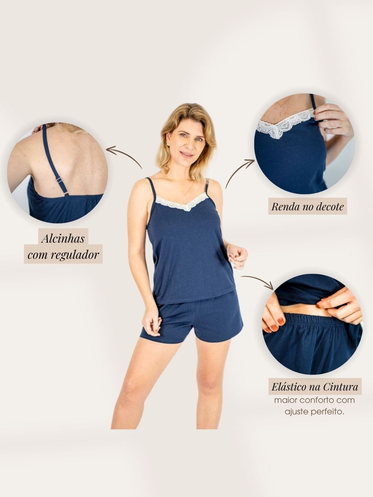 Vista 2 Pijama Algodão Piante Feminino Alcinha Rita Piante azul marinho