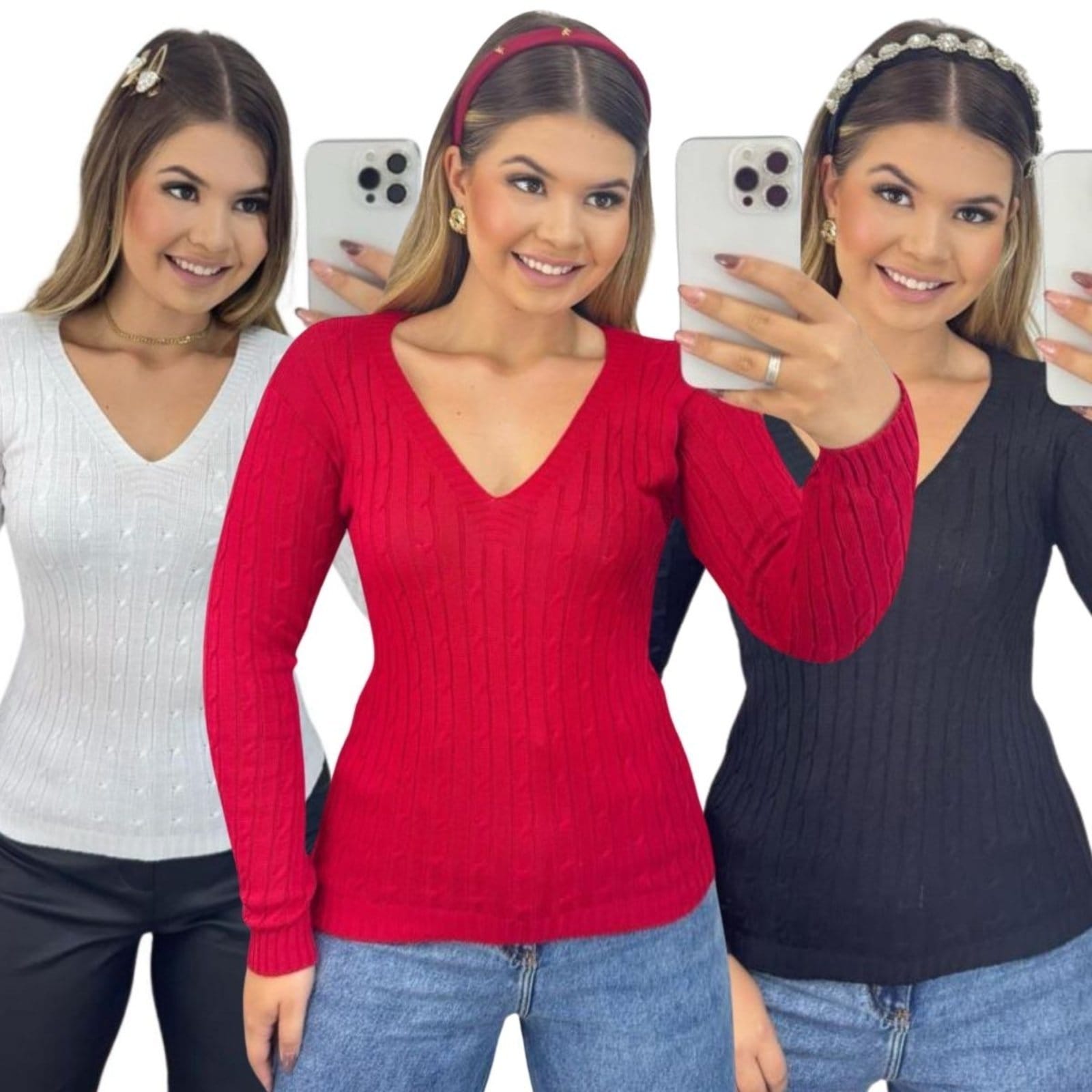 Kit 3 Blusas Femininas Suéter Malha Tricô Manga Longa