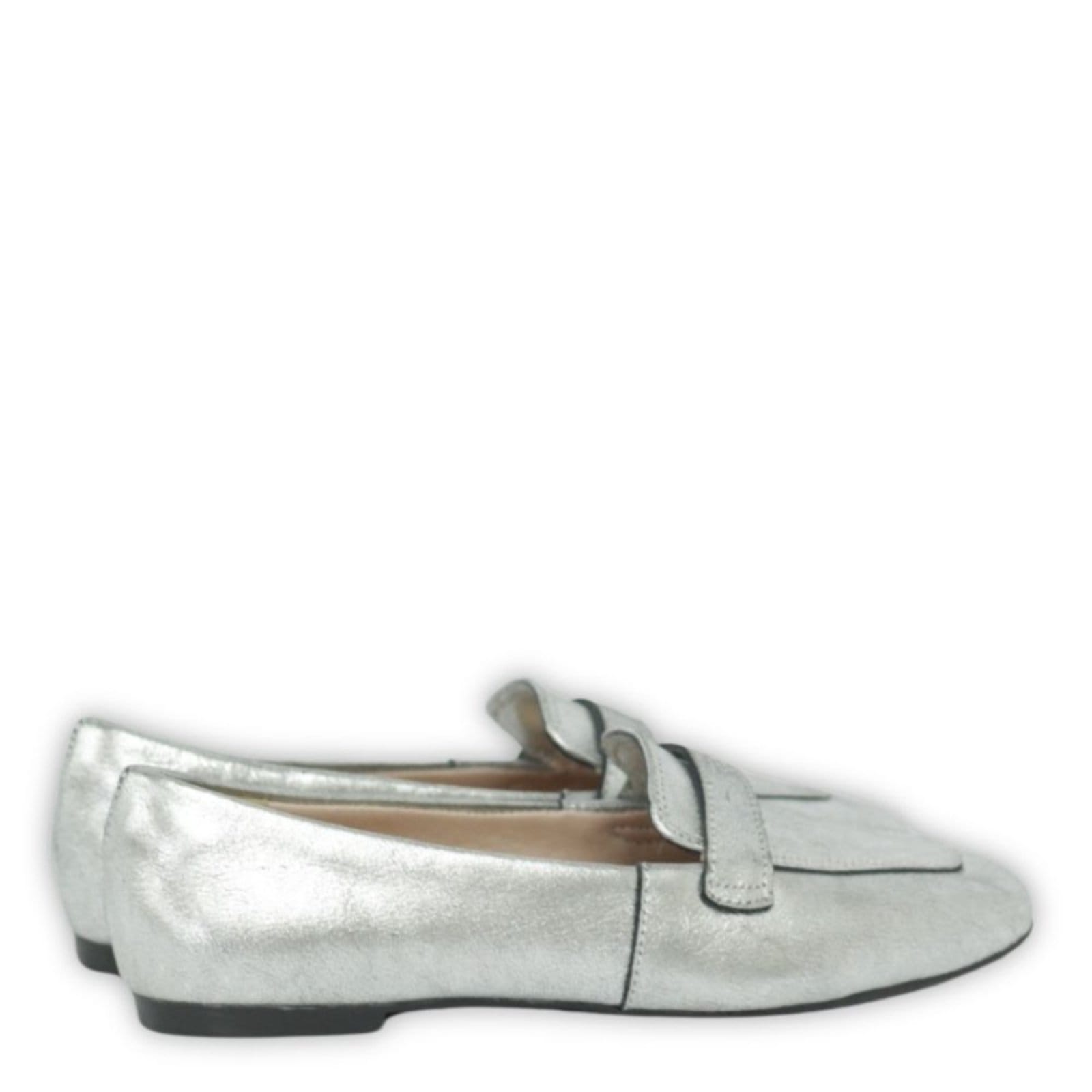 Vista 2 Sapatilha Feminina Bico Quadrado em Couro Salto Baixo Prata Spinelli off-white