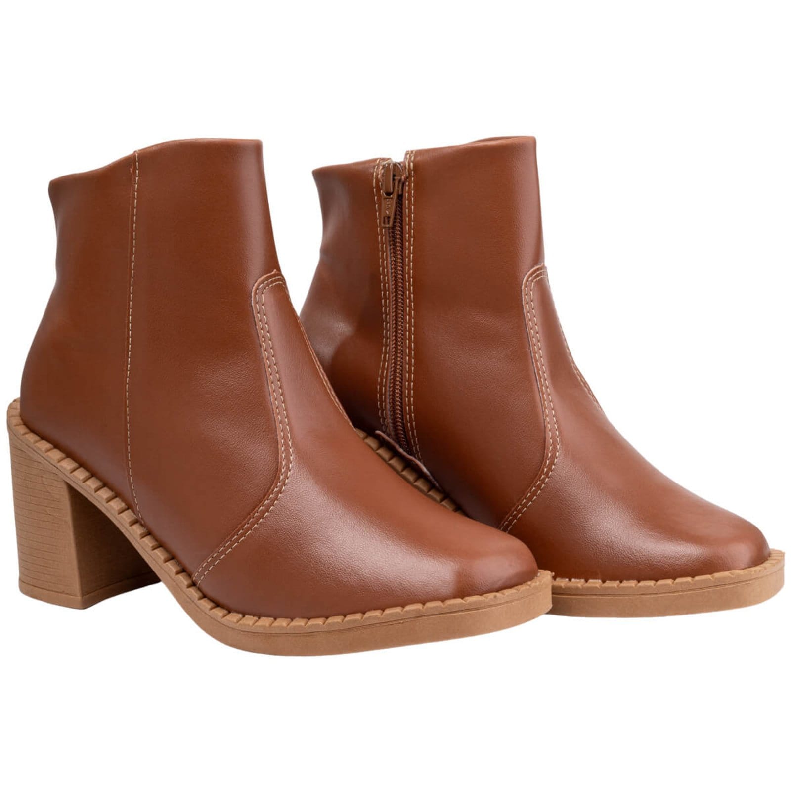 Vista 2 Bota Feminina Ankle Boot Salto Médio Bico Quadrado Cano Baixo Confortável Via Angel 8002 VIA ANGEL caramelo