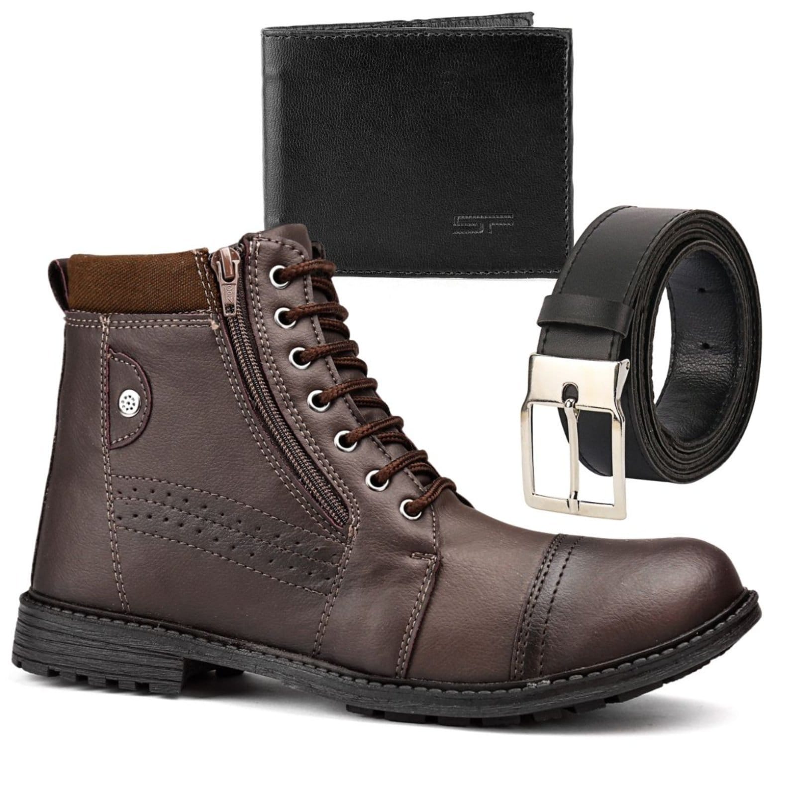 Coturno Masculino Sapatofran Cano Curto com Zíper com Cinto e Carteira Kit Cafe