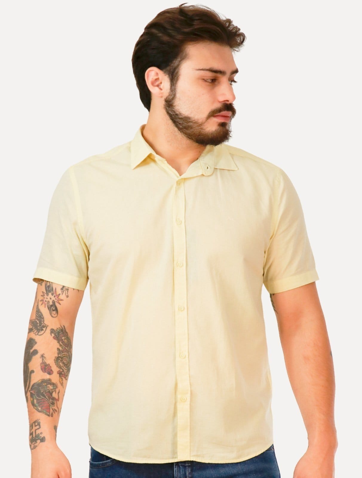 Vista principal Camisa Aramis Masculina Manga Curta Slim Algodão Willis Amarela Aramis amarelo