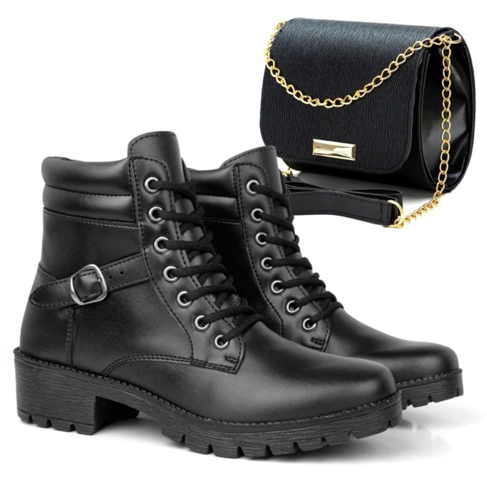 Kit Bota Feminina Cano Curto Salto Baixo + Bolsa Transversal Preta