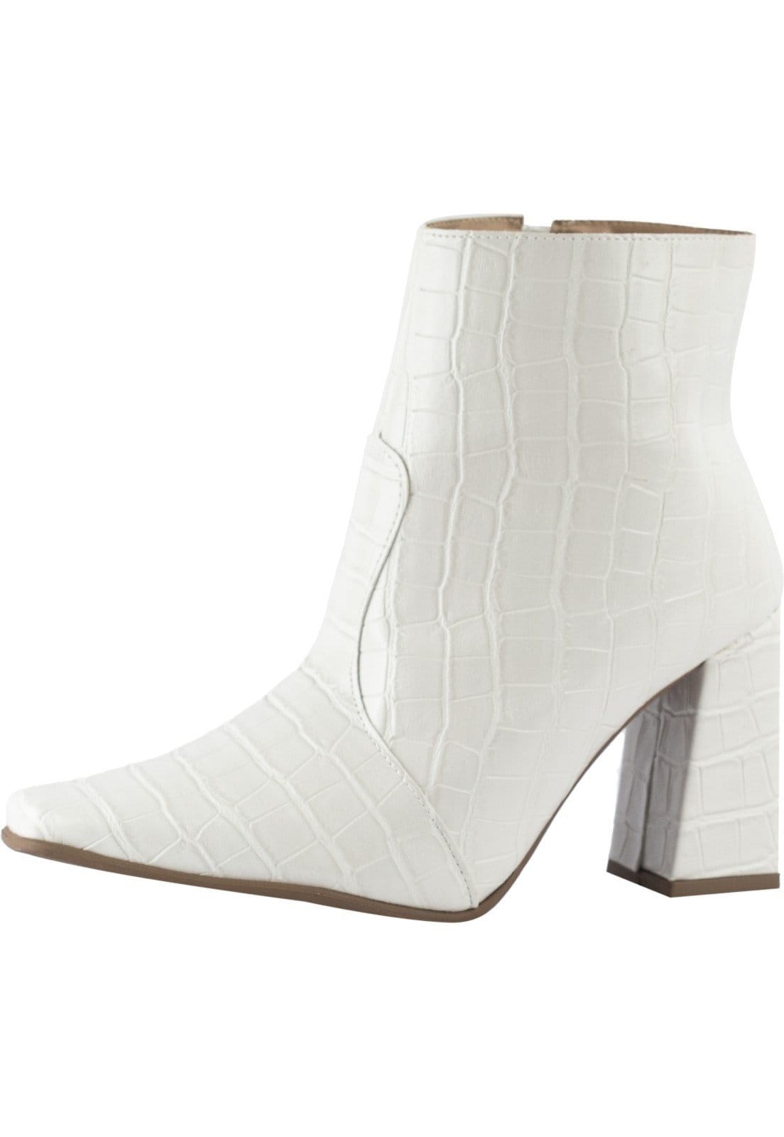 Vista principal Bota Feminina Bico Fino Lumiss Salto Alto Grosso Cano Curto Confortável Croco Off White LUMISS off-white white