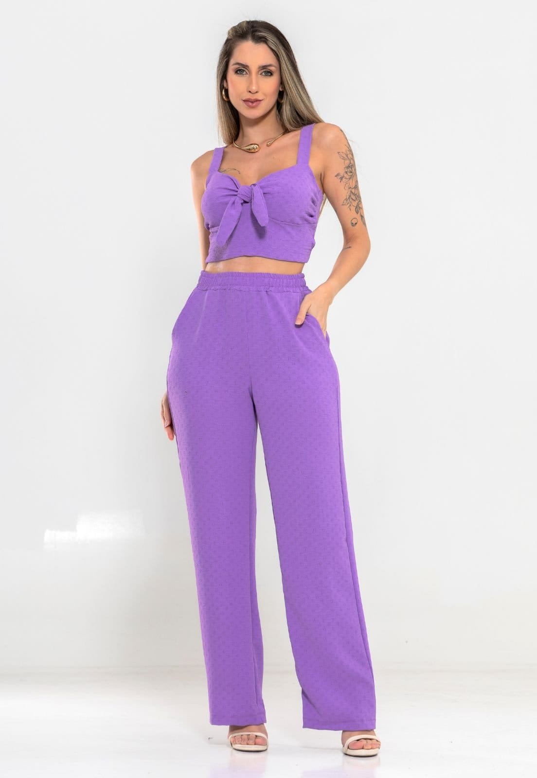 Conjunto Feminino Cropped e Calça Pantalona Elastico Ajustavel lilas