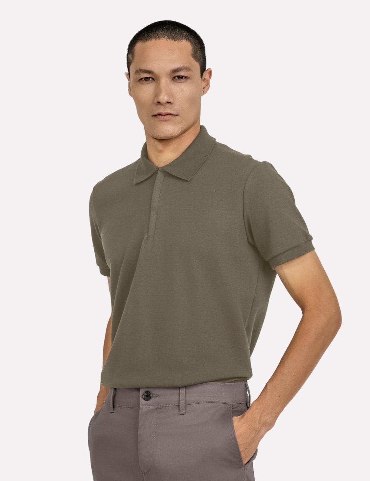 Vista principal Polo K&J Black Regular Piquet Premium Zíper Cáqui King E Joe cáqui black