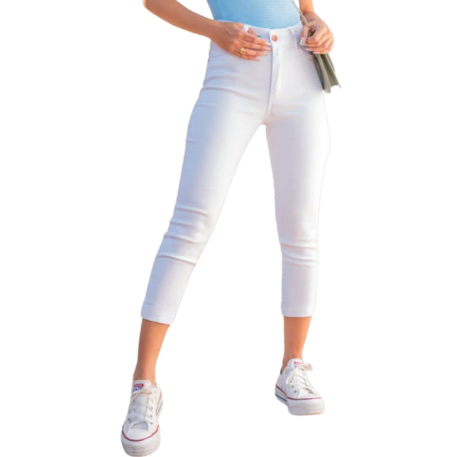 Vista 2 Calça Feminina Capri Branca Básica Jeans Loka branco