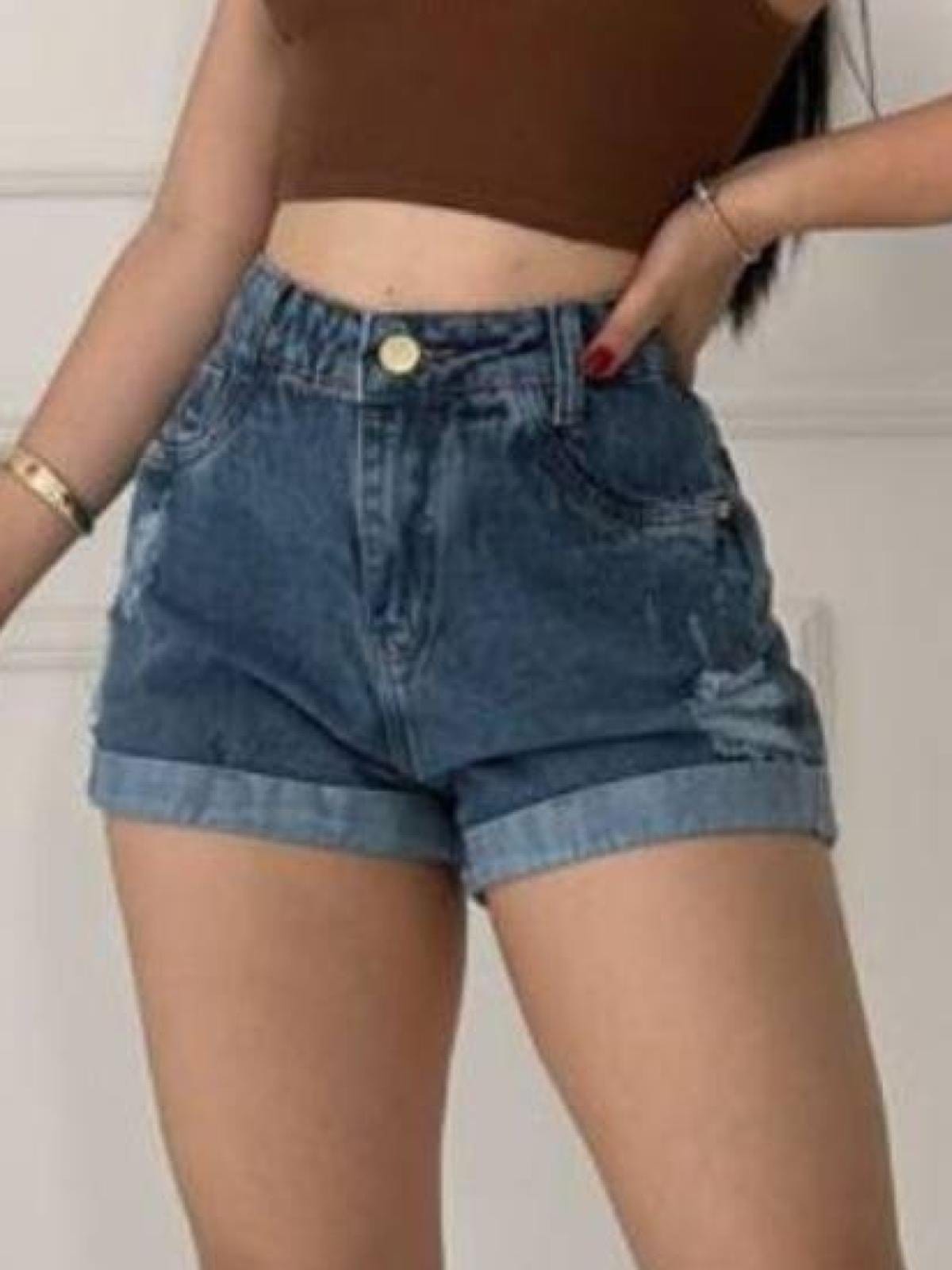Shorts Jeans Marmorizado Feminino Cintura Alta com Barra Dobrada Detalhes Destroyed