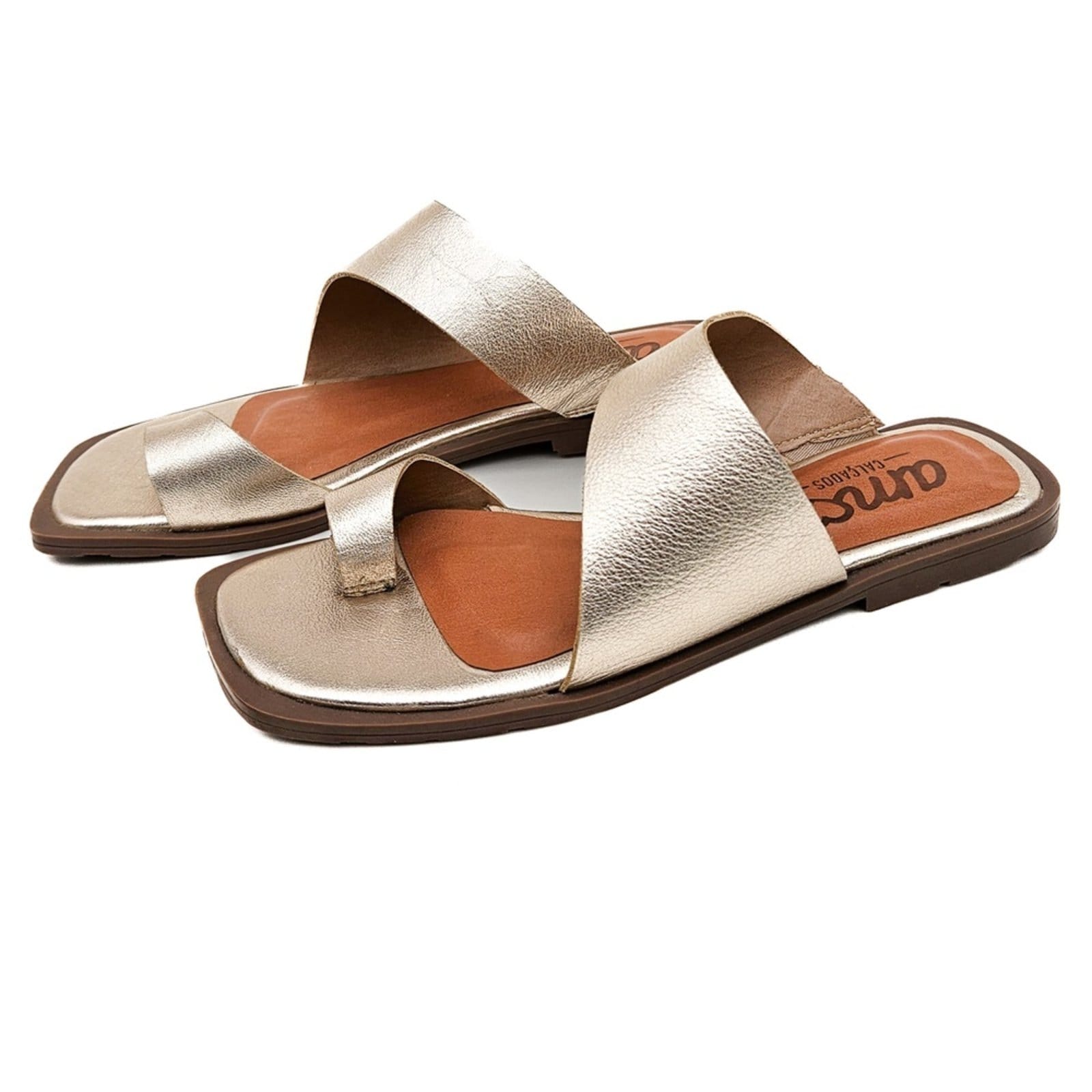 Vista 2 Sandália Rasteira em Couro Amo Calçados Lori Dourada Amo Calçados dourado