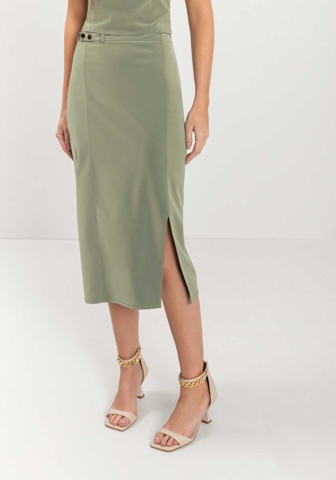 Vista 2 Saia Midi De Cintura Alta Com Fenda Lateral E Cinto Lez a Lez verde