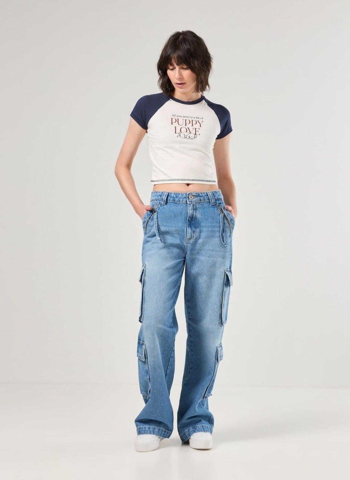 Calça Jeans Cargo Wide Leg