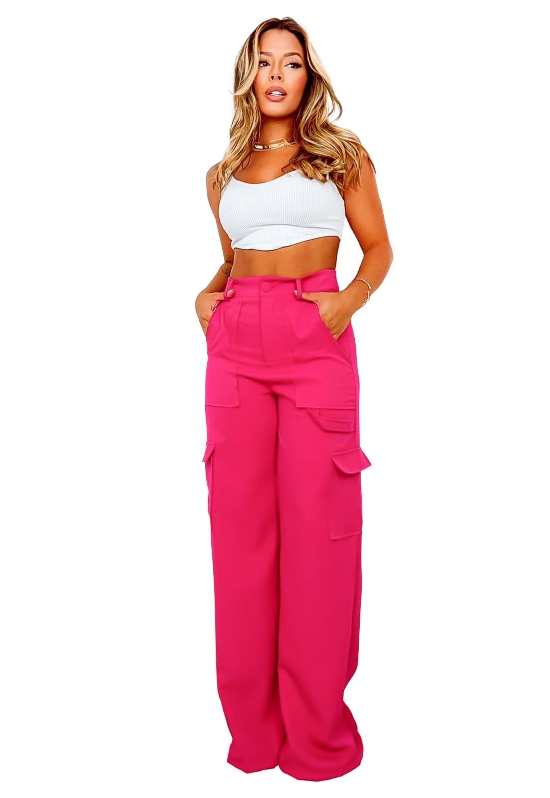 Vista 2 Calça YWCind Cargo Social Cintura Alta em Alfaiataria Elegante YWC ind pink