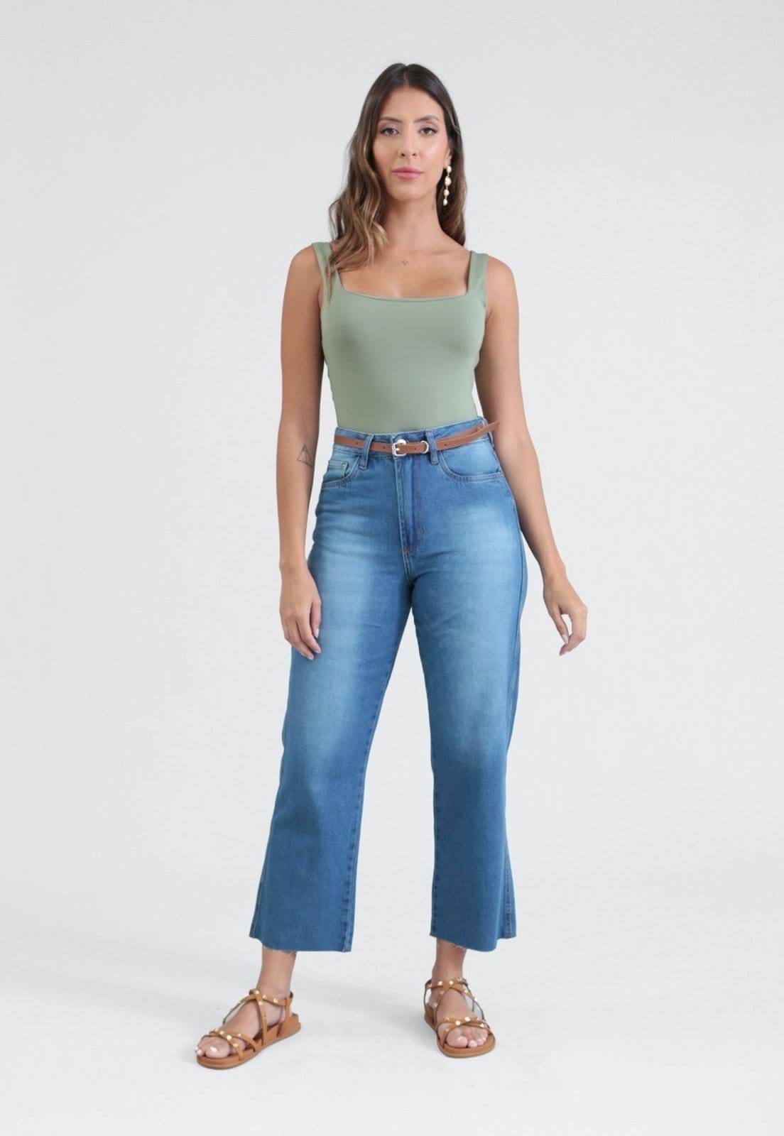 Vista principal Calça Pop Me Jeans Cropped Com Cinto Pop Me azul