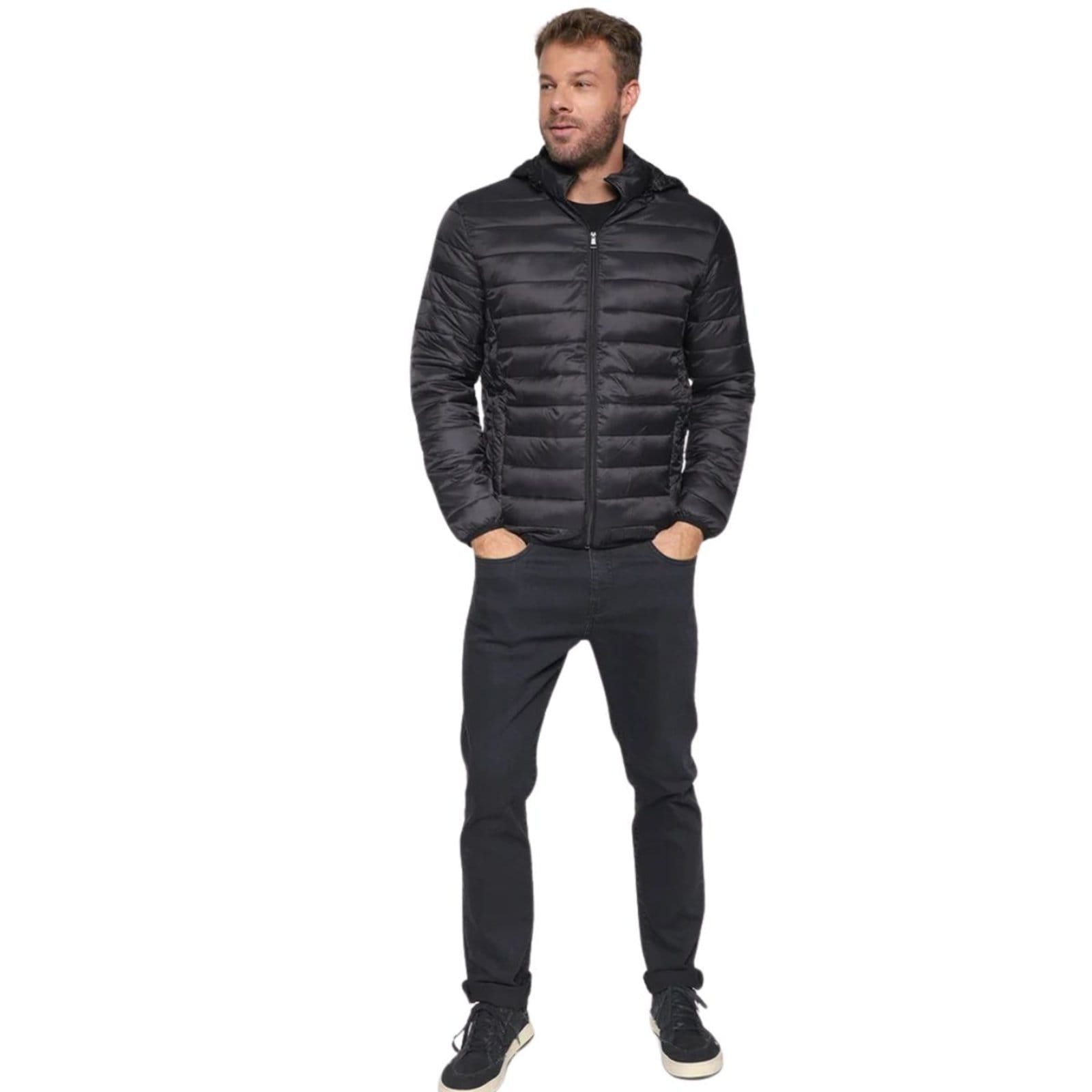 Vista 2 Jaqueta Masculina Puffer FMF Impermeável Plus Size com Capuz e Isolamento Térmico FMF preto