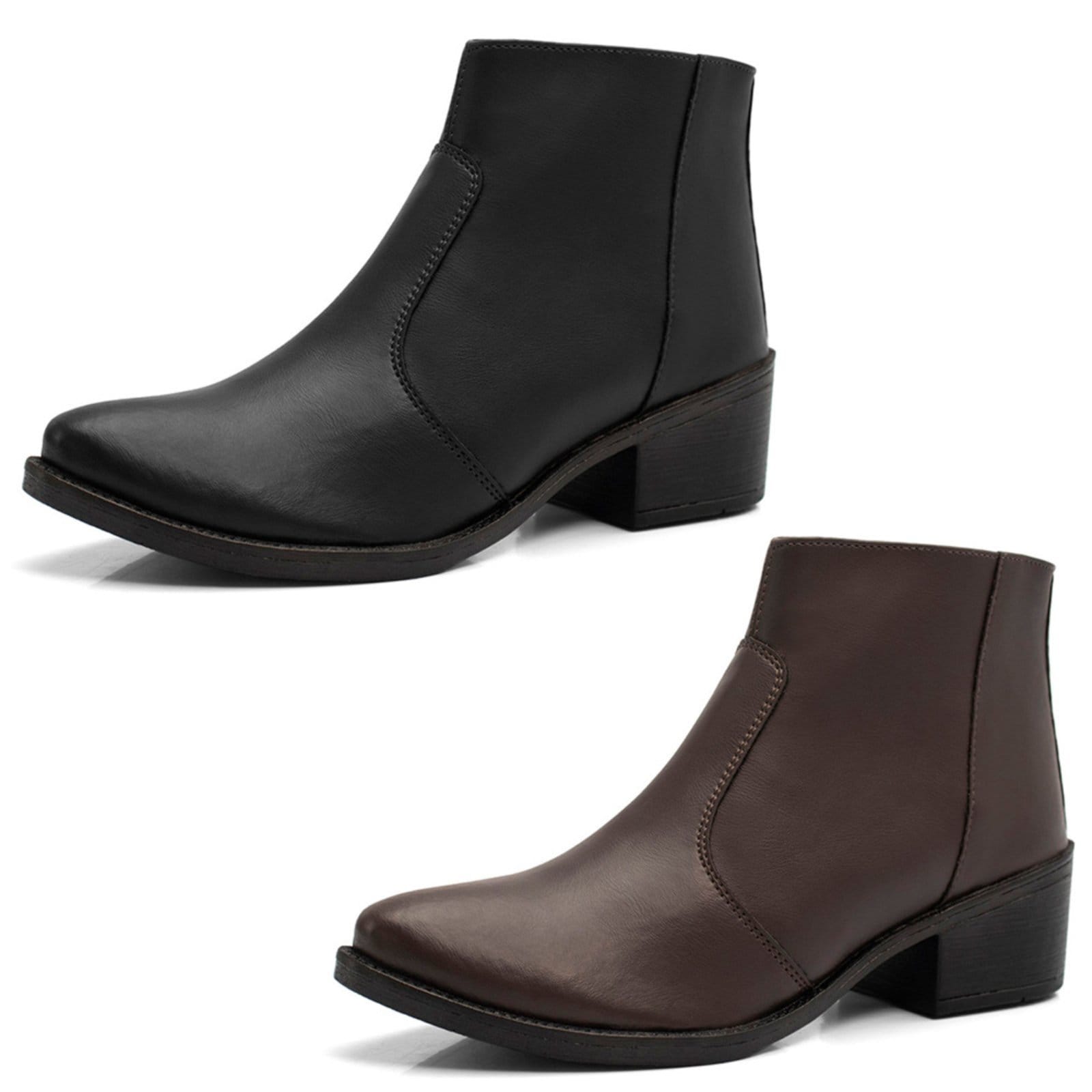 Kit 2 Pares Bota Feminina Cano Baixo Bredeni Coturno Com Ziper Lateral Salto Baixo Confortavel Marrom