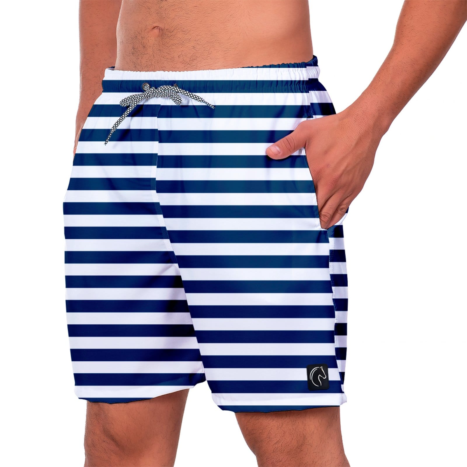 Vista principal Bermuda Listrada Masculina W2 Shorts Tactel Premium Linhas Azuis Moda Praia Estilo Casual Super Confortável Secagem Rápida W2 STORE azul