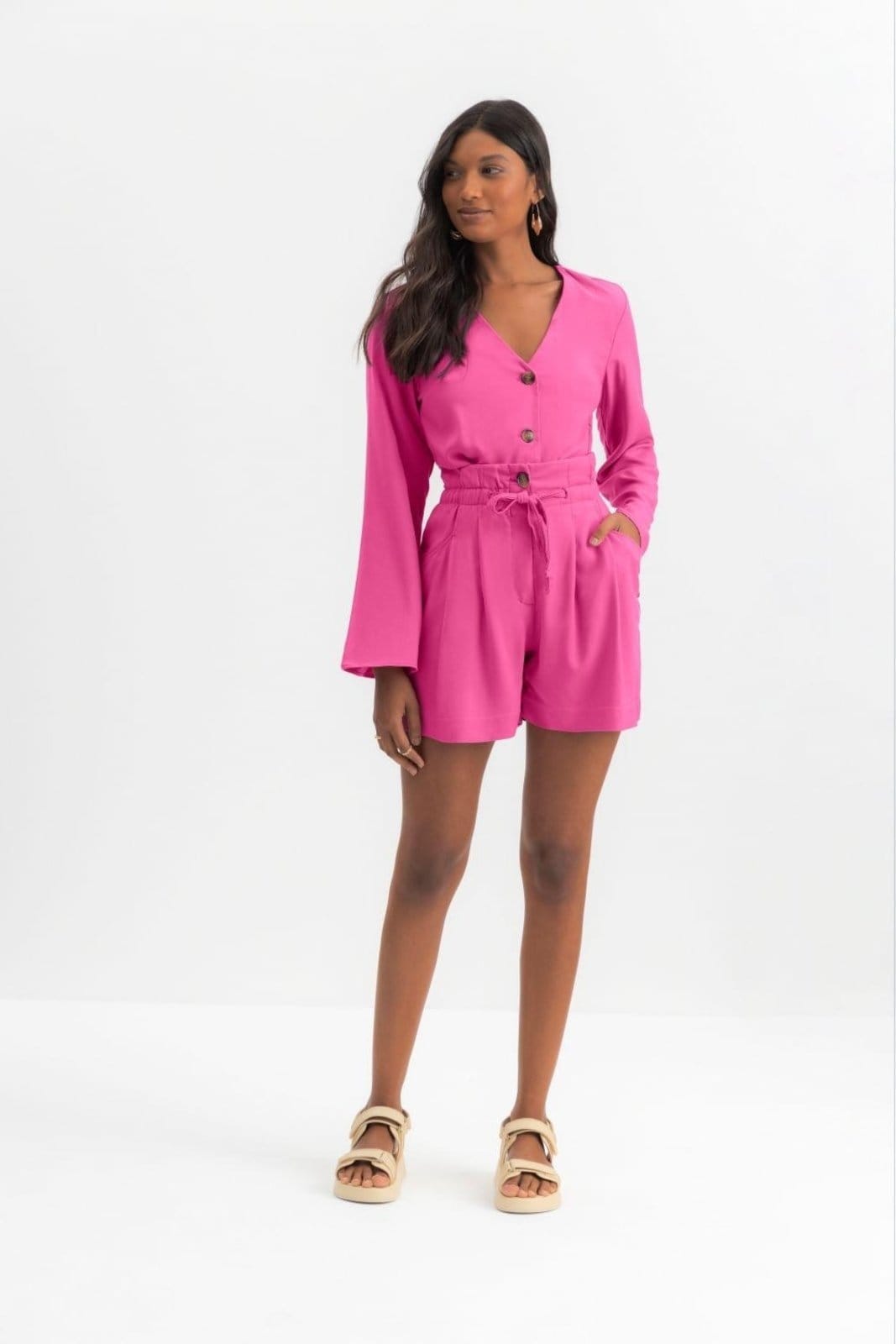 Vista principal Bermuda Feminina Em Viscose Essendi Médio Essendi rosa