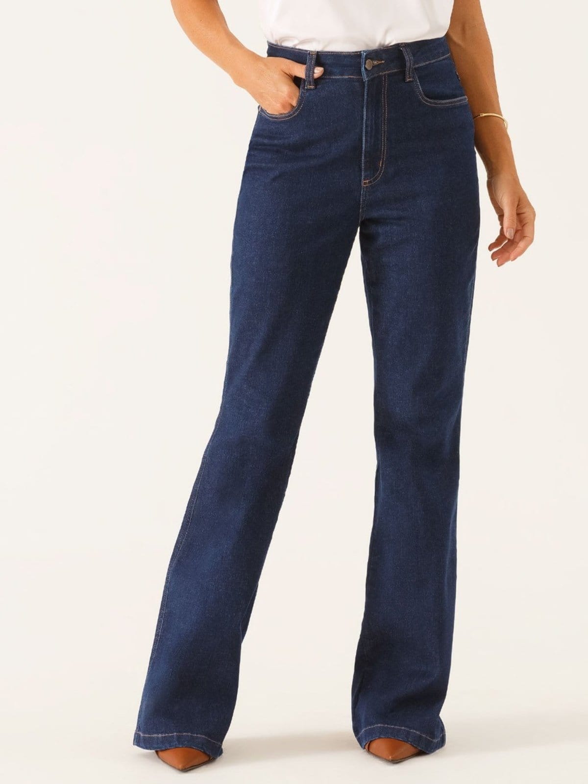 Vista 2 Calça Jeans Flare Alfaiatada Azul Escuro Vionelle Principessa amarelo/azul azul