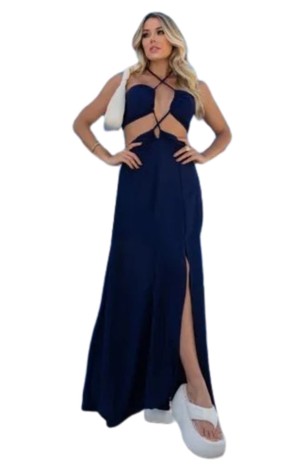 Vestido Longo Recortes Cut Out Viscose Fiorelly Marinho