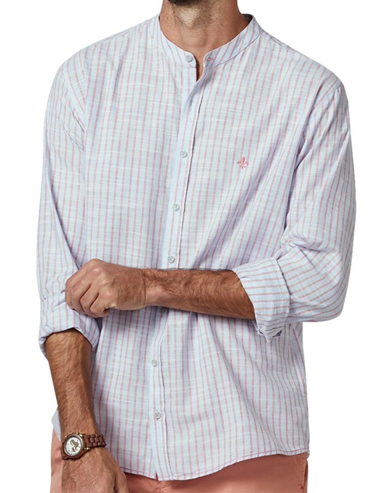 Camisa Dudalina Masculina Comfort Slub Cotton Listrada Rosa / Azul Claro