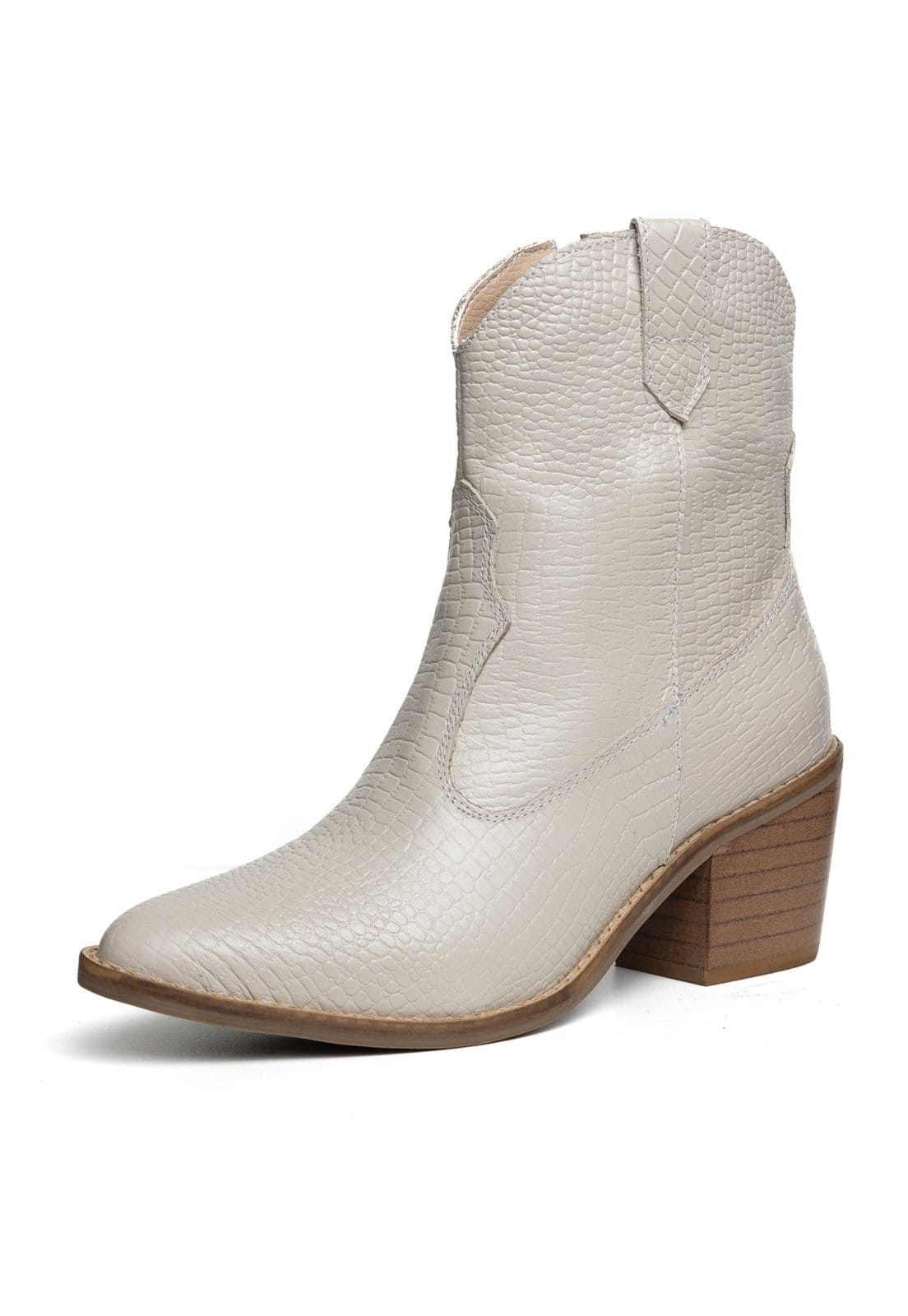 Vista principal Bota Western Texana Bico Fino Cano Curto Country Couro Croco Off White TELLINI STORE preto white