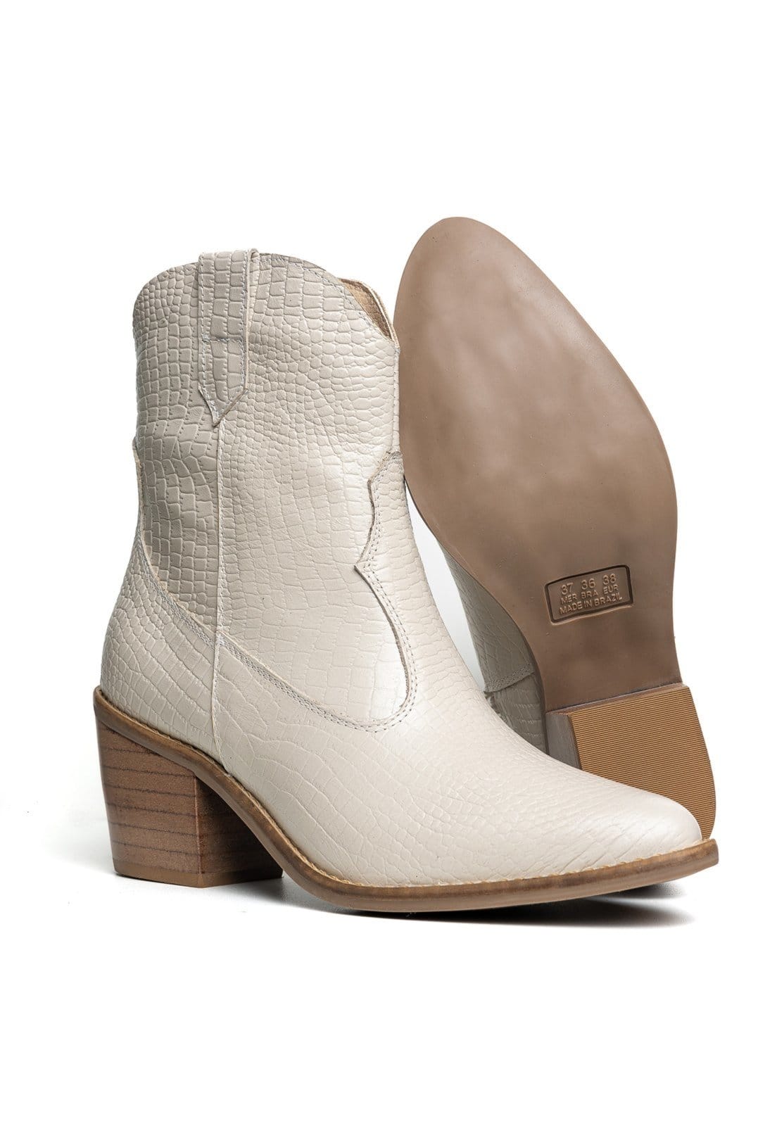 Vista 2 Bota Western Texana Bico Fino Cano Curto Country Couro Croco Off White TELLINI STORE preto white