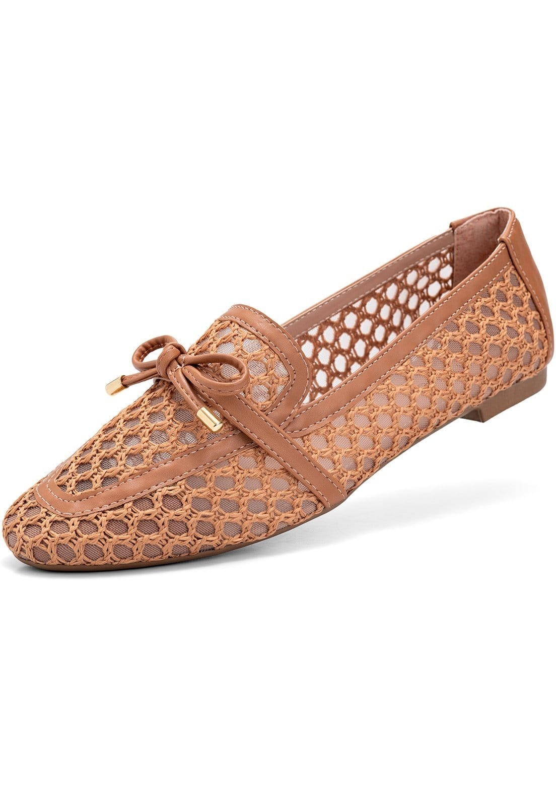Mocassim Feminino Lumiss Material Natural Tela Bico Quadrado Confortável Caramelo