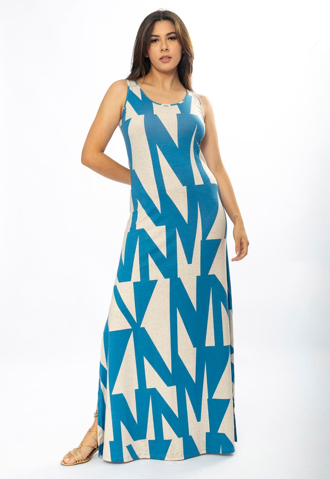 Vista 2 Vestido Longo Amazônia Vital Butiá Malha Regata Estampa Geometric Blue Amazonia Vital bege blue