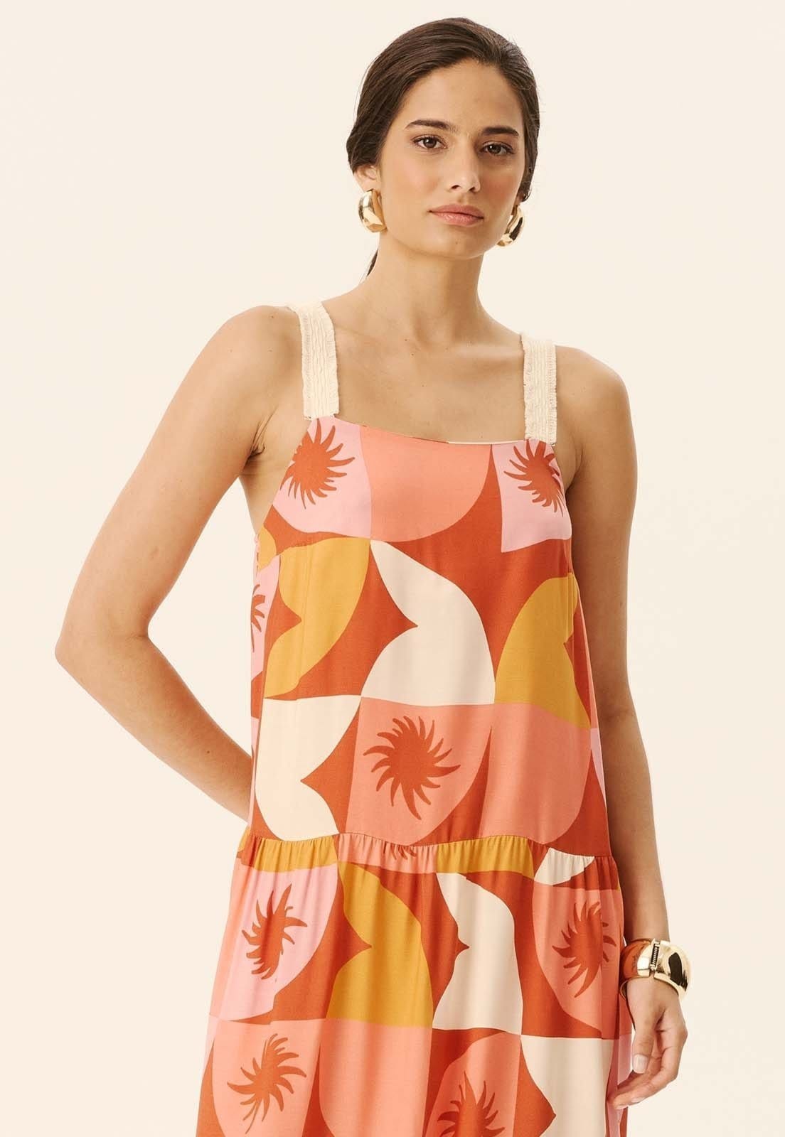 Vista principal Vestido Longo Marias Estampado Jaçanã CaCay marrom