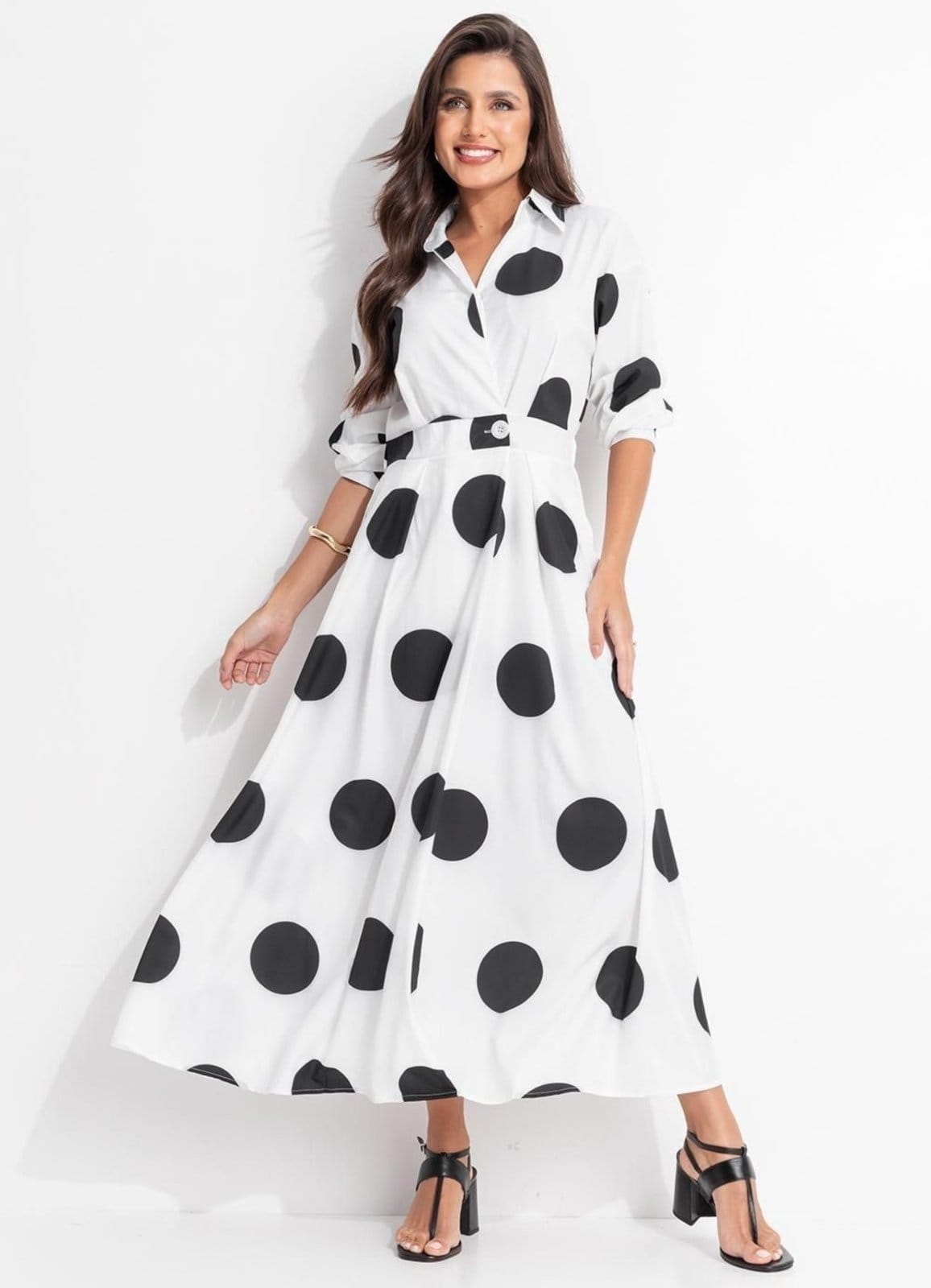 Vista principal Vestido Em Alfaitaria De Poliéster Poá Quintess branco