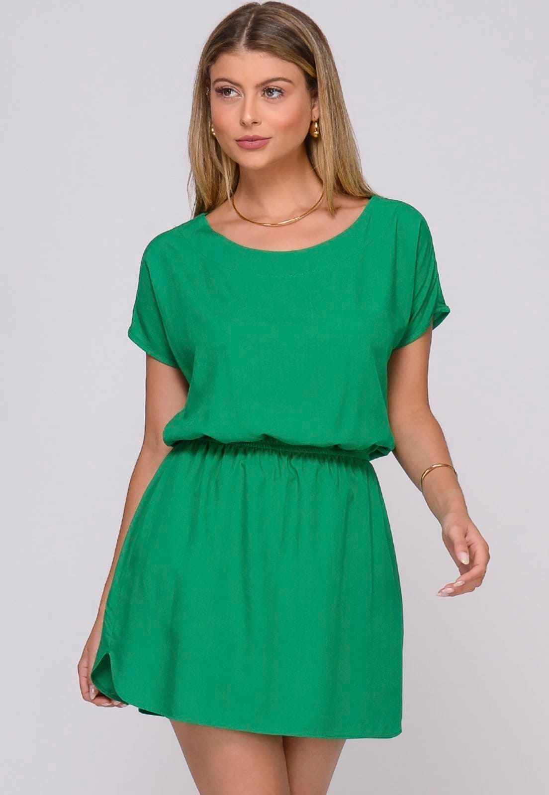 Vista principal Vestido Curto M/C Elástico na Cintura Stela Bandeira BBonnie verde