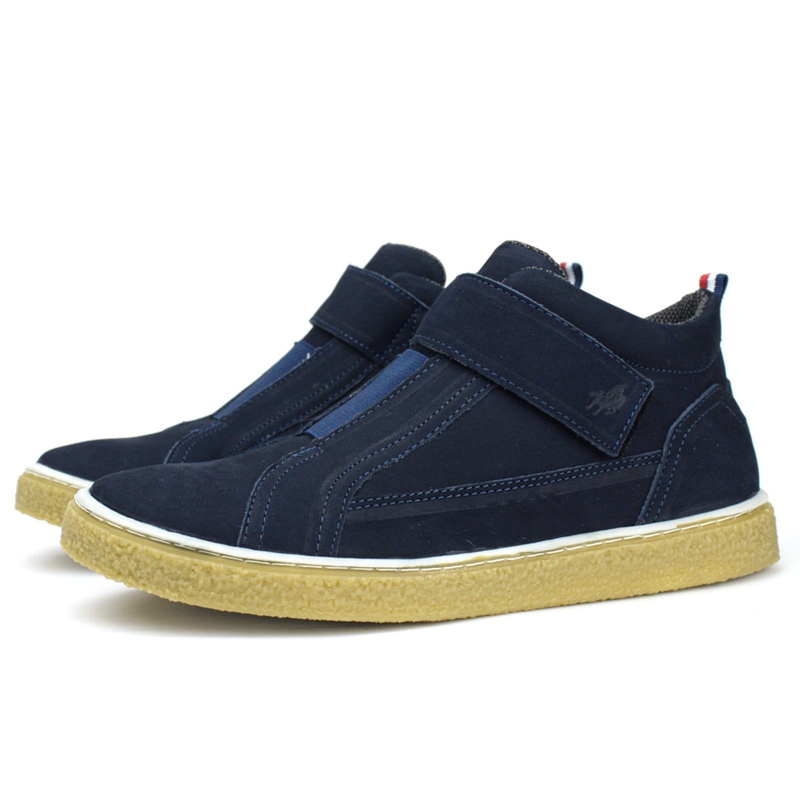 Tênis Casual Sneaker Couro Masculino Solado Natural Borracha Cano Alto Ajustável Conforto Marinho