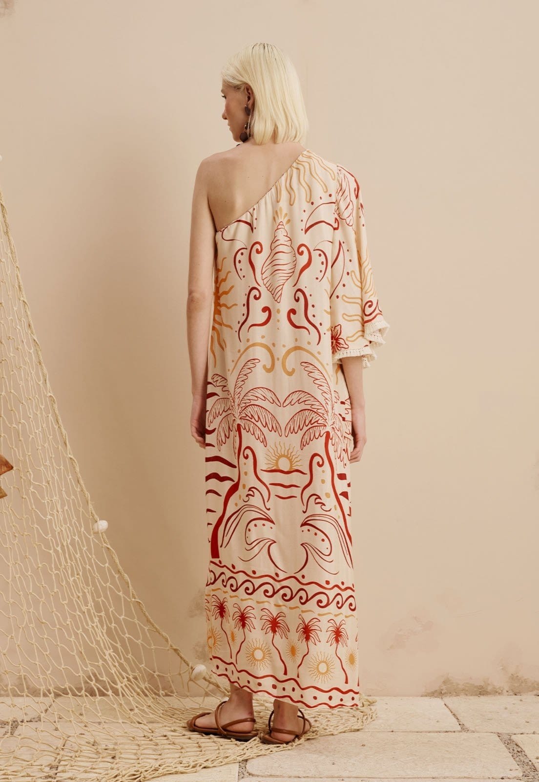 Vista 2 Vestido Midi Um Ombro Só Franjinha Estampado Marahú CaCay bege