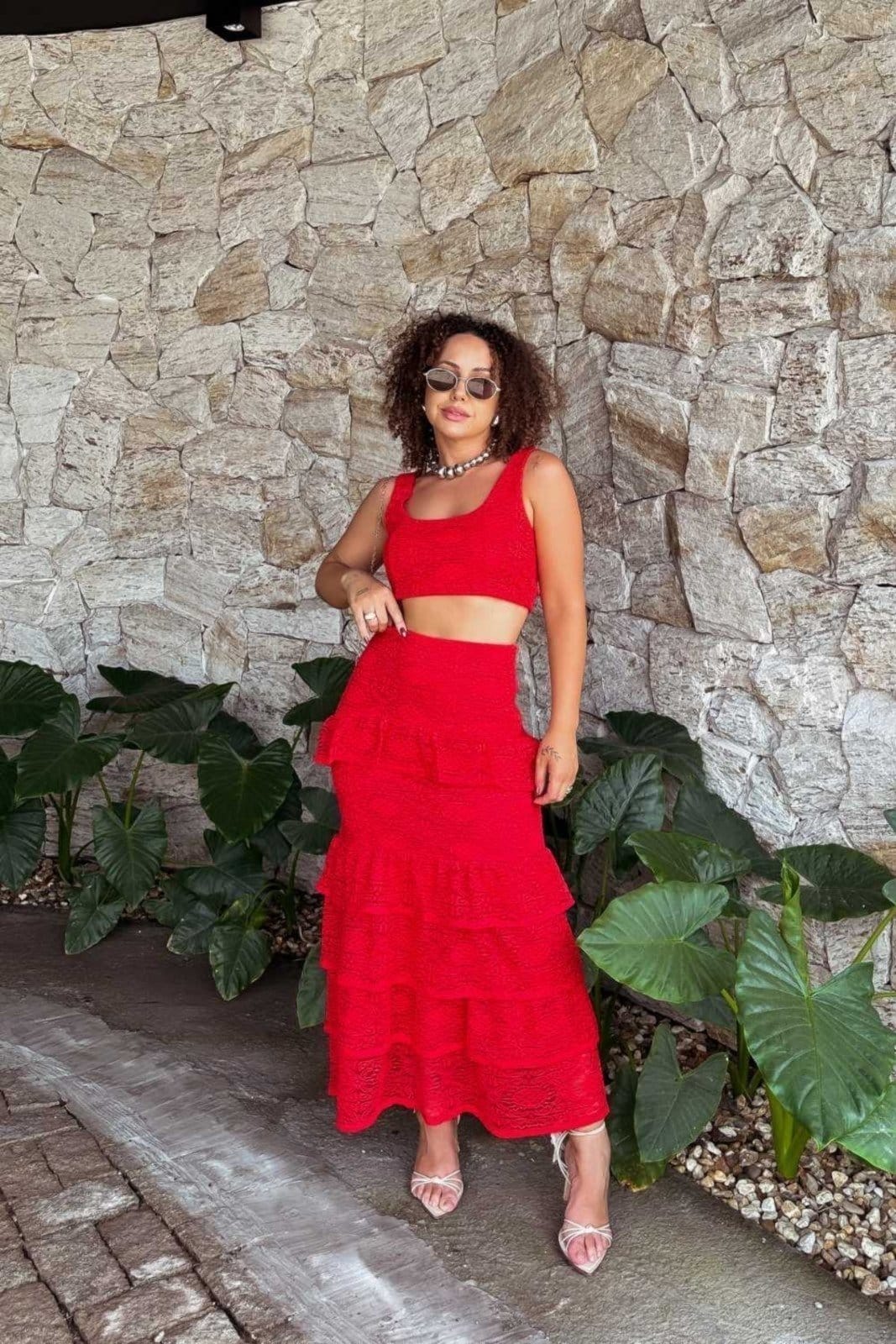 Saia Vanibele Renda Vermelha