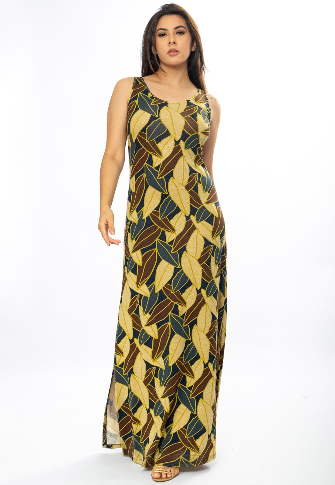 Vista 2 Vestido Longo Cabanafree Butiá Malha Regata Estampa Folhas de Outono Cabanafree estampado/marrom