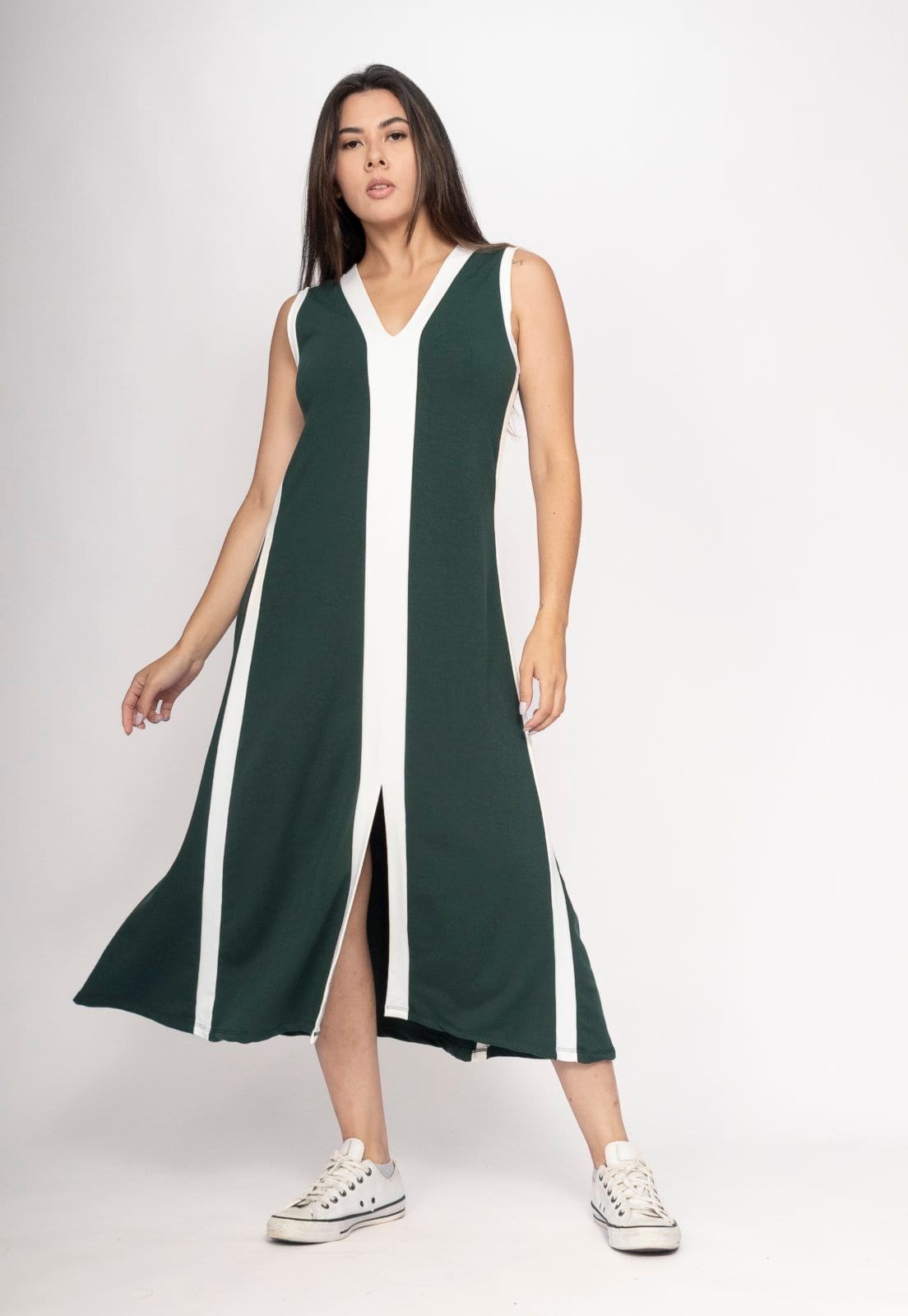 Vestido Cabanafree Midi Fenda Frontal Color Block Musgo